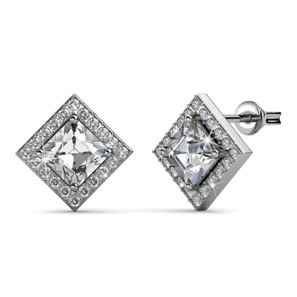 Diamond Shape Silver Stud Earrings With Australian Crystals - Picture 1 of 2
